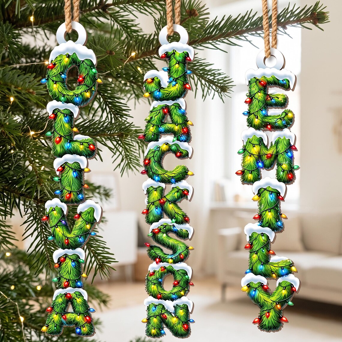 Personalized Christmas Name Ornament, Custom Kids Name Vertical Ornament, Christmas Lights Family Gift