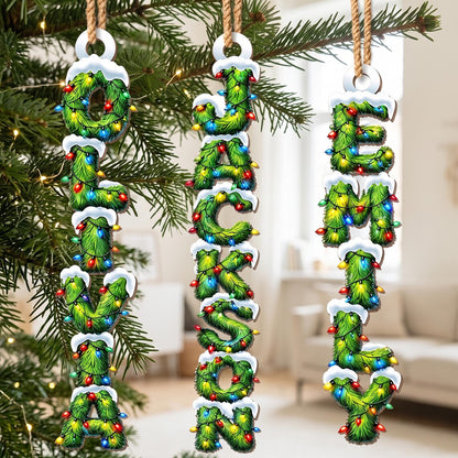 Personalized Christmas Name Ornament, Custom Kids Name Vertical Ornament, Christmas Lights Family Gift
