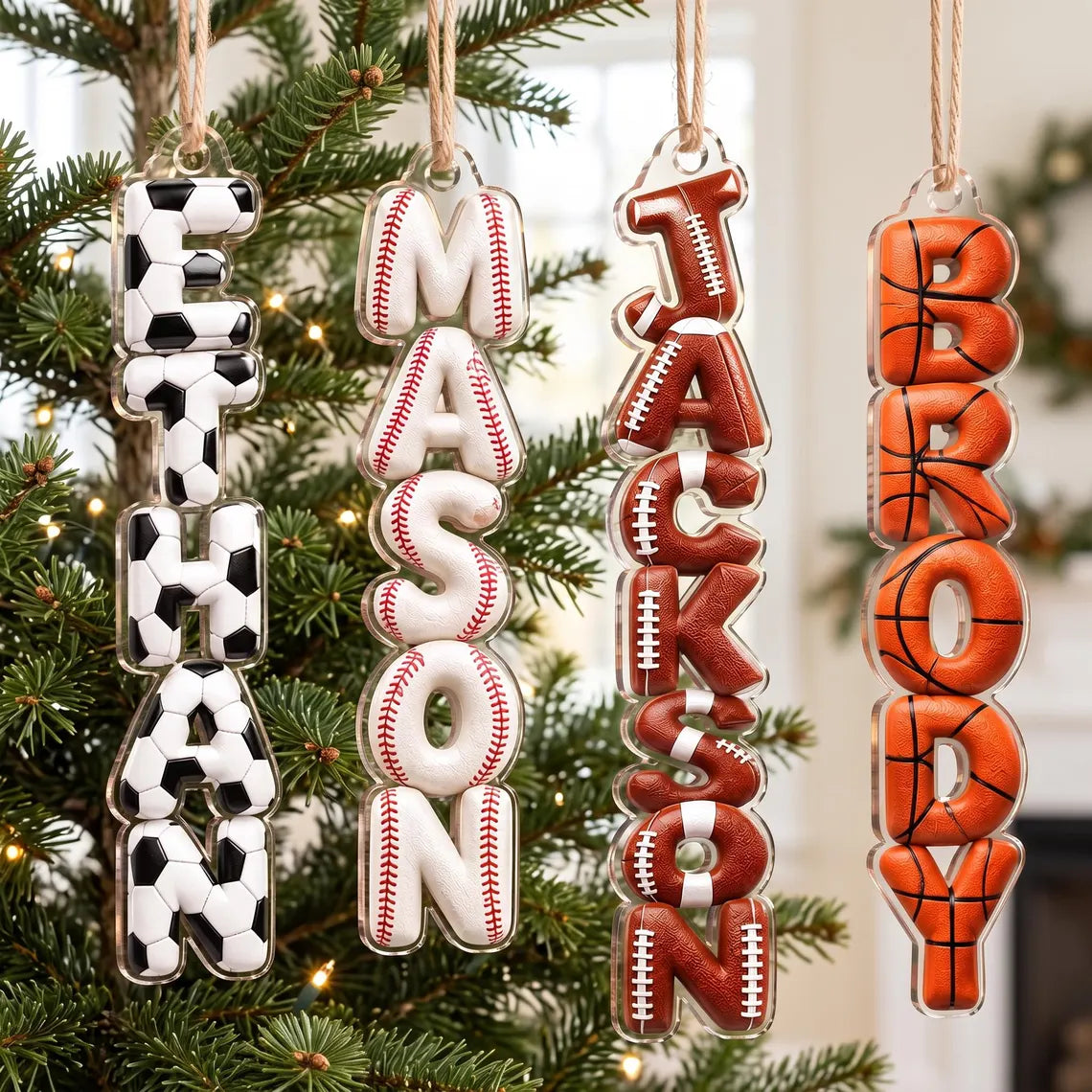 Personalized Sports Name Ornament, Custom Soccer Baseball Football Basketball Ornament, Kids Christmas Gift