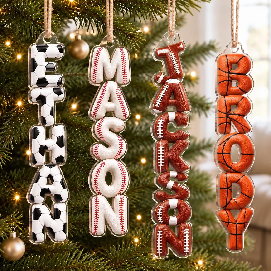 Personalized Sports Name Ornament, Custom Soccer Baseball Football Basketball Ornament, Kids Christmas Gift
