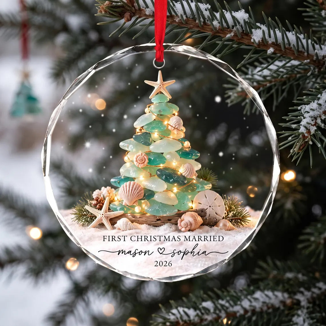Personalized First Christmas Married Ornament 2026, Sea Glass Christmas Tree Ornament, Coastal Newlywed Keepsake, Beach Wedding Gift for Couple
