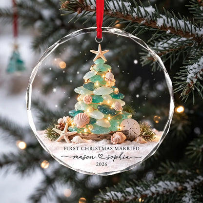 Personalized First Christmas Married Ornament 2026, Sea Glass Christmas Tree Ornament, Coastal Newlywed Keepsake, Beach Wedding Gift for Couple