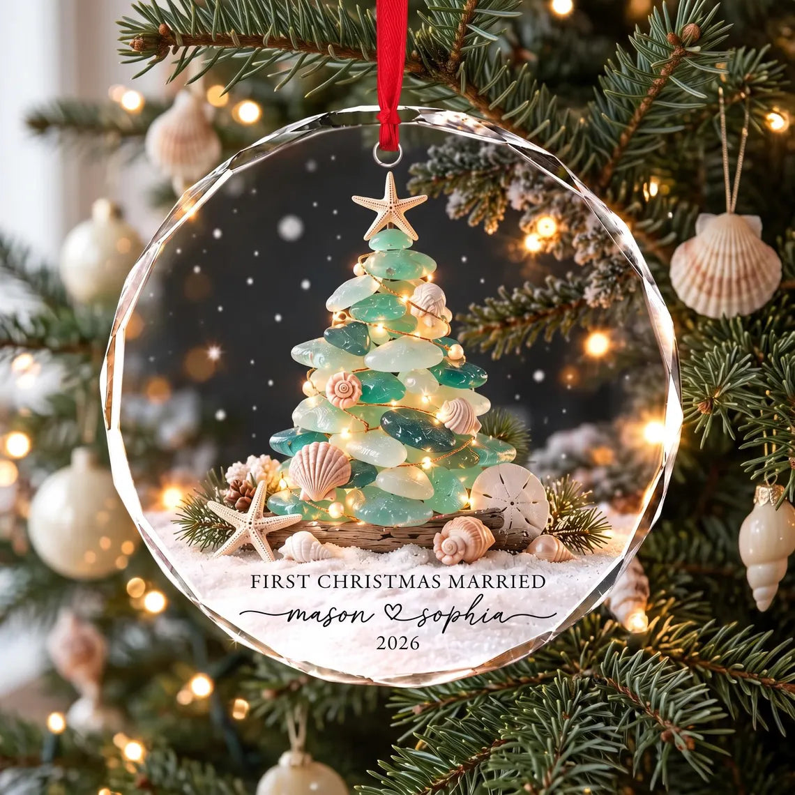 Personalized First Christmas Married Ornament 2026, Sea Glass Christmas Tree Ornament, Coastal Newlywed Keepsake, Beach Wedding Gift for Couple