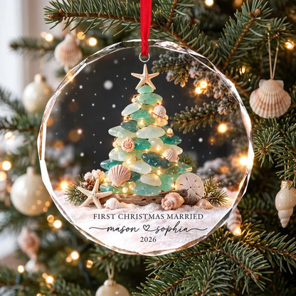 Personalized First Christmas Married Ornament 2026, Sea Glass Christmas Tree Ornament, Coastal Newlywed Keepsake, Beach Wedding Gift for Couple