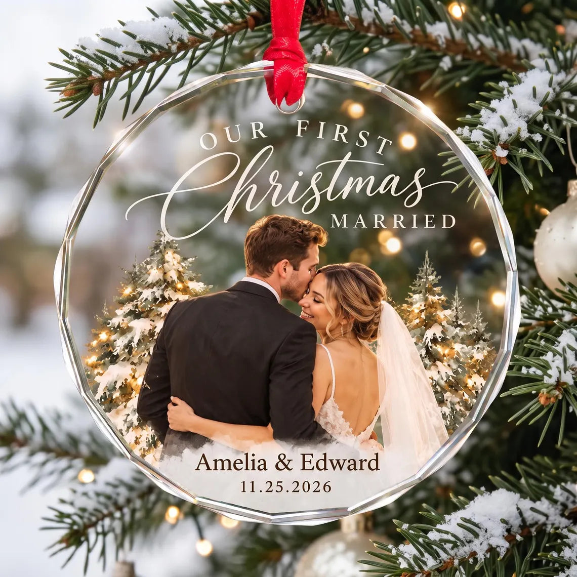 Personalized First Christmas Married Ornament, Custom Wedding Photo Ornament, Newlywed Keepsake, Wedding Gift for Couple