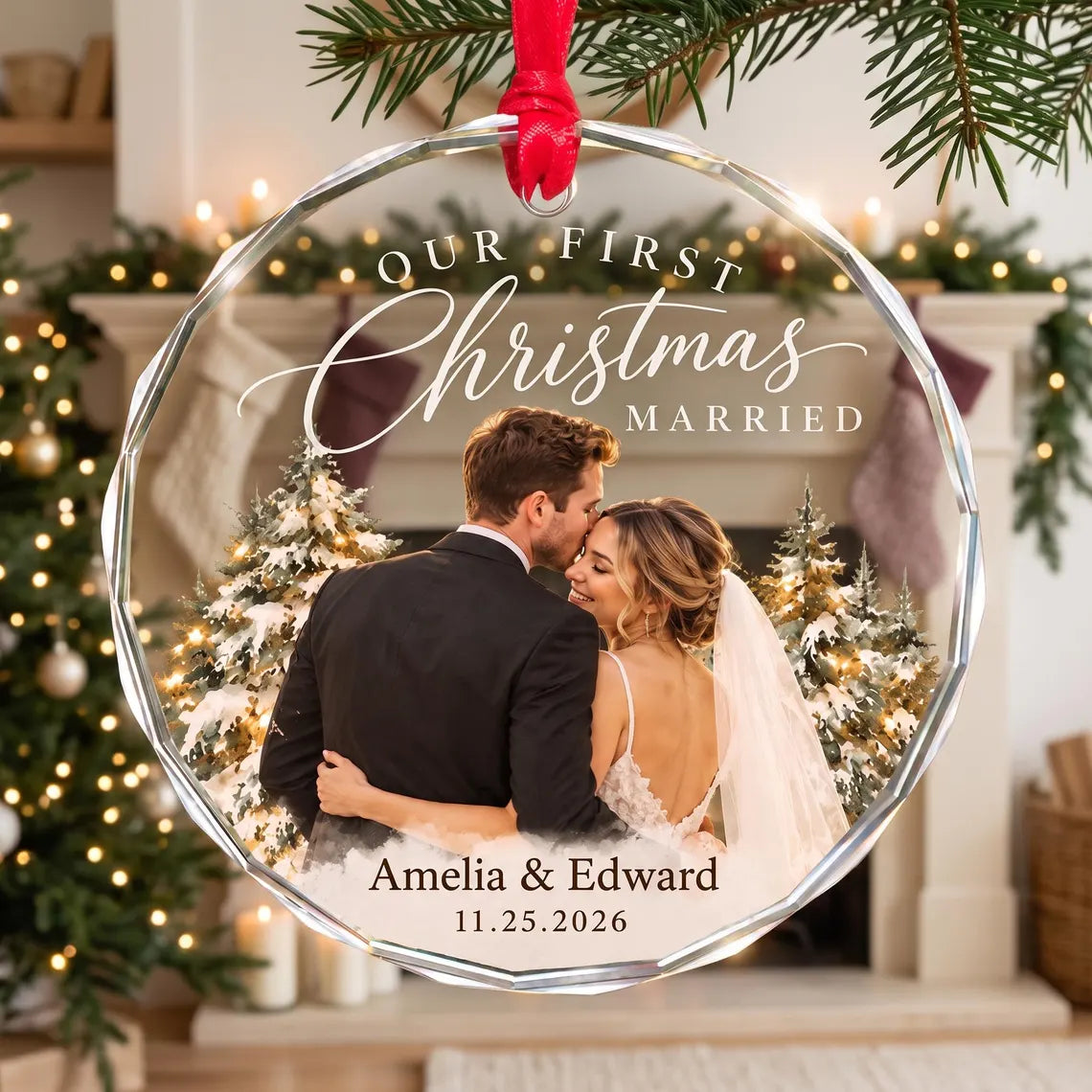 Personalized First Christmas Married Ornament, Custom Wedding Photo Ornament, Newlywed Keepsake, Wedding Gift for Couple