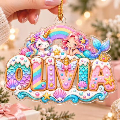 Personalized Mermaid and Unicorn Christmas Ornament 2026, Custom Name Acrylic Ornament, Rainbow Girl Keepsake, Gift for Daughter or Granddaughter