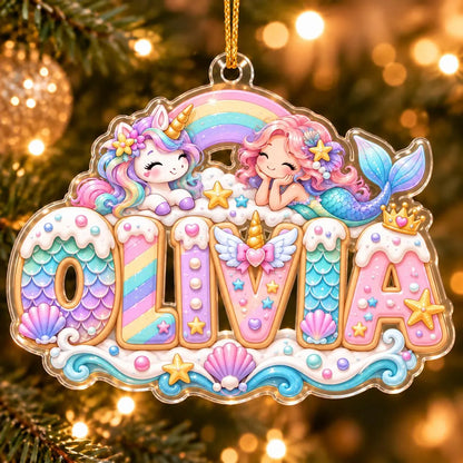 Personalized Mermaid and Unicorn Christmas Ornament 2026, Custom Name Acrylic Ornament, Rainbow Girl Keepsake, Gift for Daughter or Granddaughter