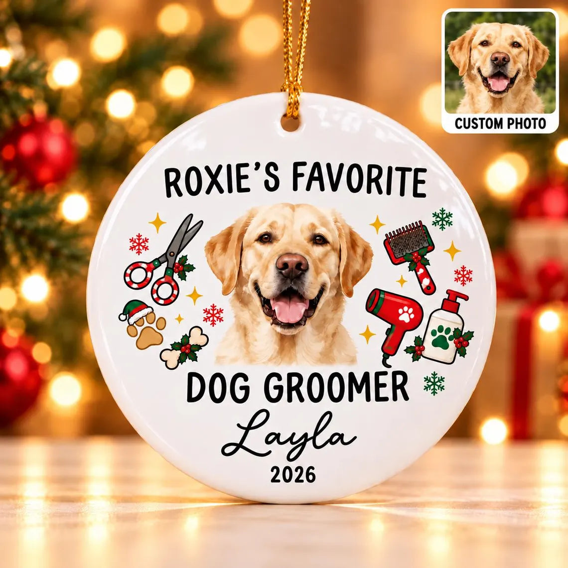 Personalized Dog Groomer Christmas Ornament 2026, Custom Pet Photo Ceramic Ornament, Thank You Gift for Pet Groomer