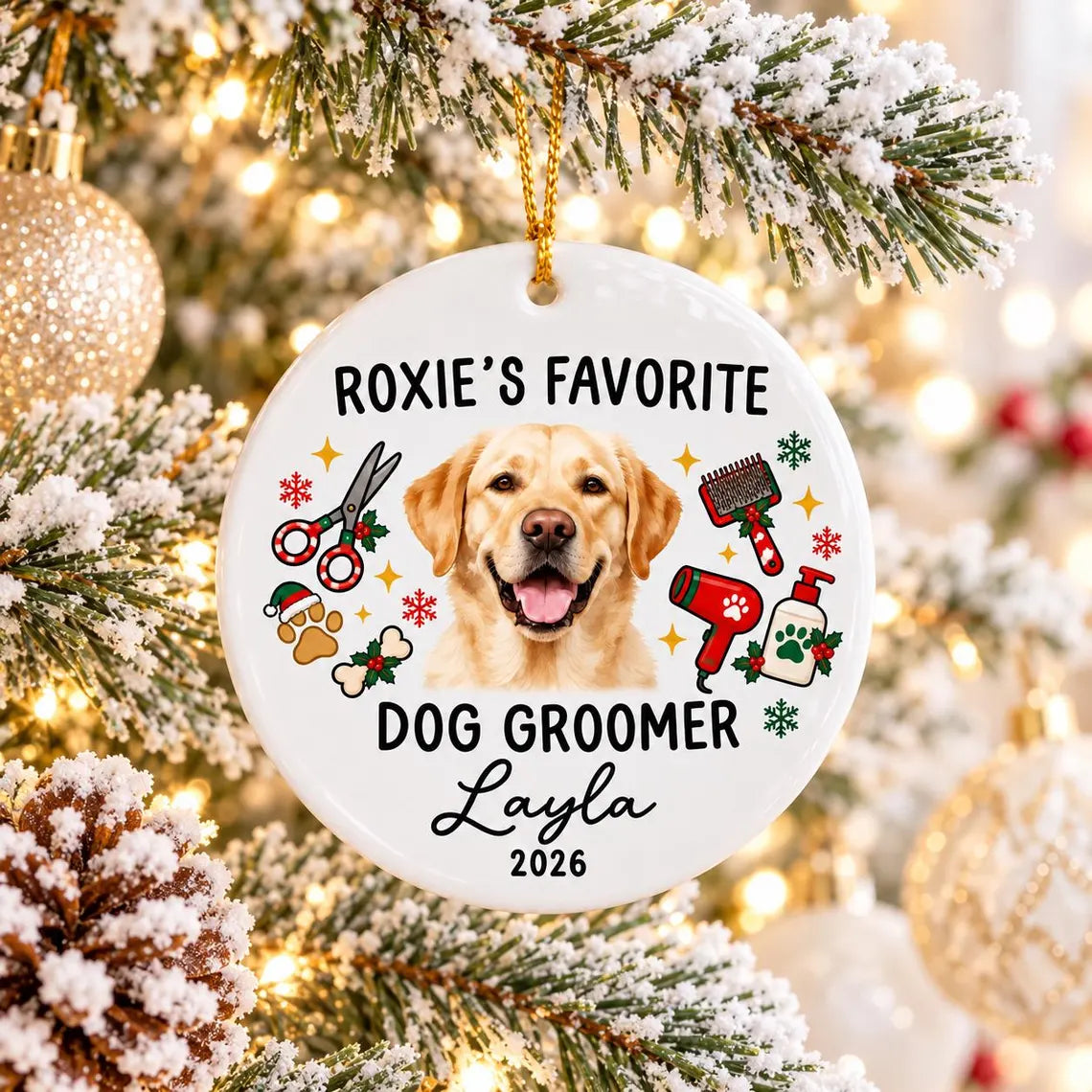 Personalized Dog Groomer Christmas Ornament 2026, Custom Pet Photo Ceramic Ornament, Thank You Gift for Pet Groomer