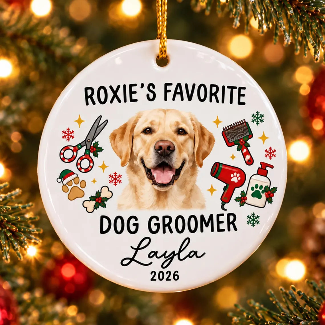 Personalized Dog Groomer Christmas Ornament 2026, Custom Pet Photo Ceramic Ornament, Thank You Gift for Pet Groomer