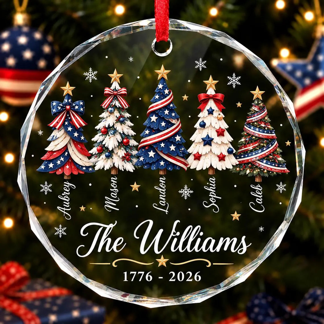 Personalized Patriotic Christmas Ornament 2026, America Christmas Ornament, Custom Family Name Glass Ornament, Red White Blue Tree Decor