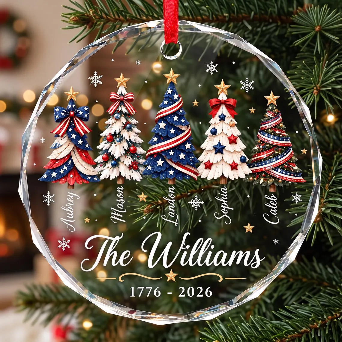 Personalized Patriotic Christmas Ornament 2026, America Christmas Ornament, Custom Family Name Glass Ornament, Red White Blue Tree Decor