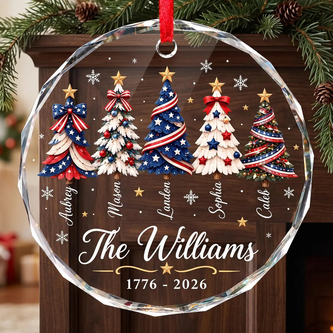 Personalized Patriotic Christmas Ornament 2026, America Christmas Ornament, Custom Family Name Glass Ornament, Red White Blue Tree Decor