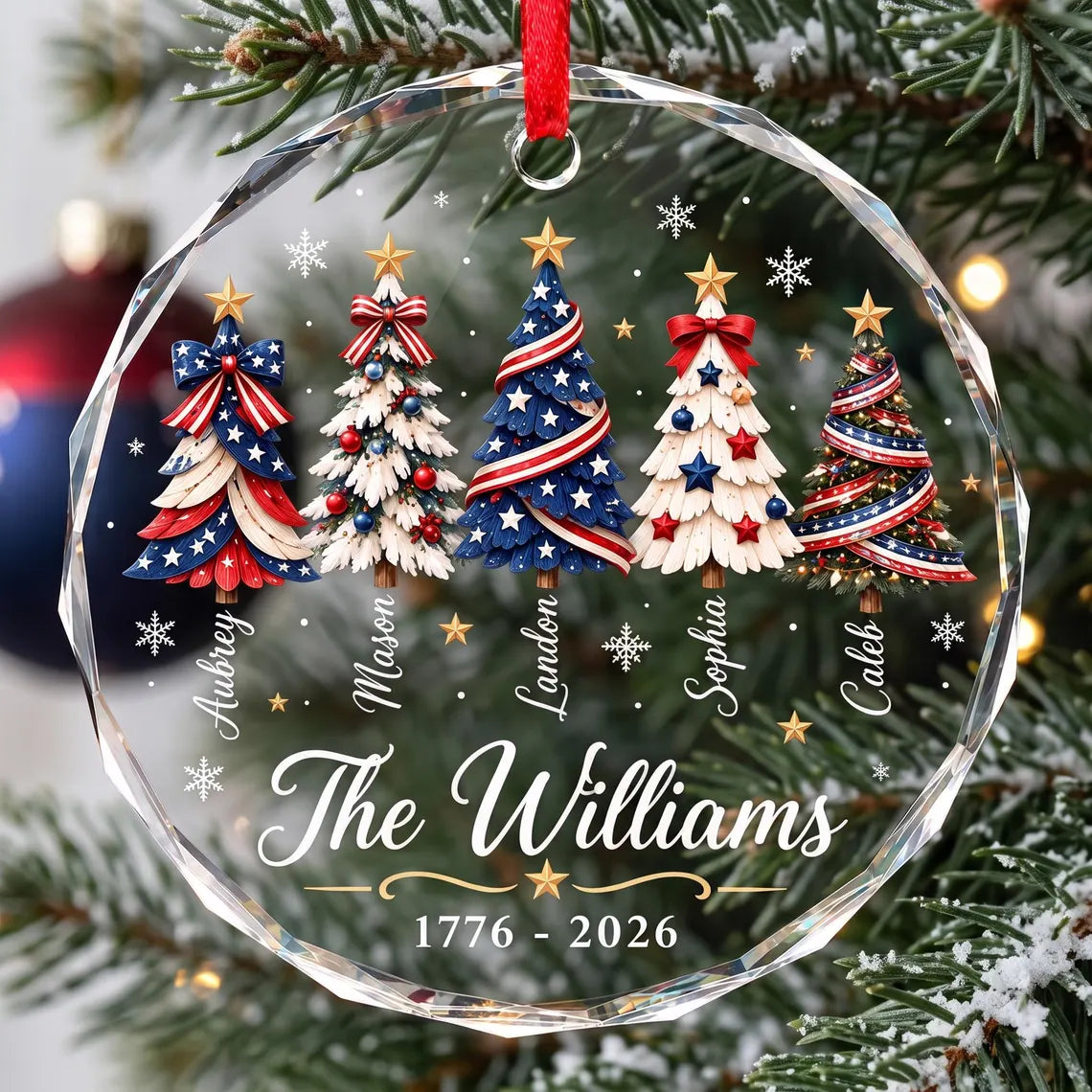 Personalized Patriotic Christmas Ornament 2026, America Christmas Ornament, Custom Family Name Glass Ornament, Red White Blue Tree Decor