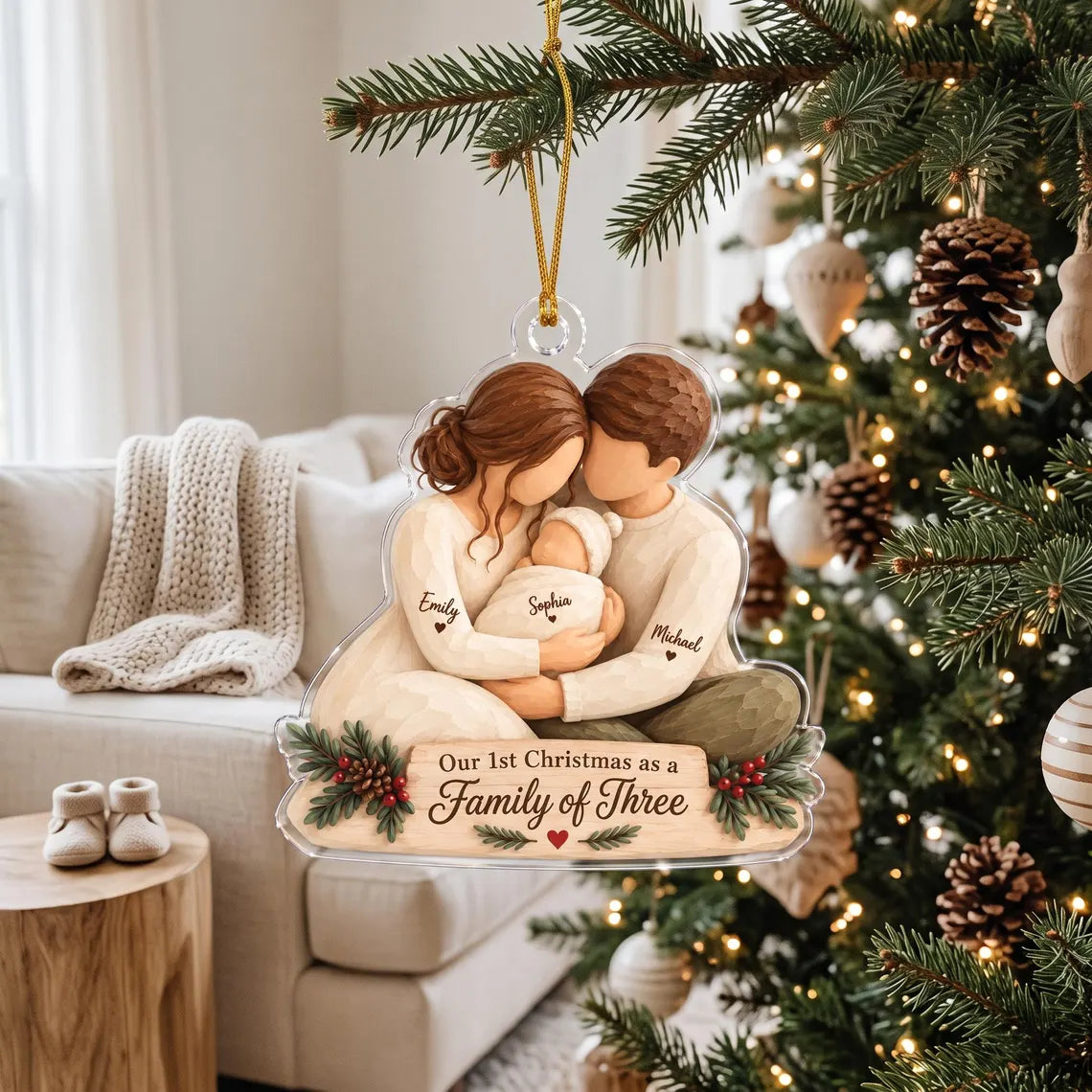 Personalized Family of Three Ornament, First Christmas as a Family of 3, Custom Names Ornament, New Baby Gift
