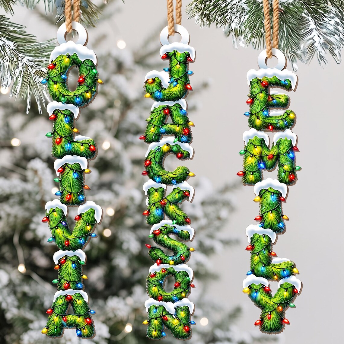 Personalized Christmas Name Ornament, Custom Kids Name Vertical Ornament, Christmas Lights Family Gift
