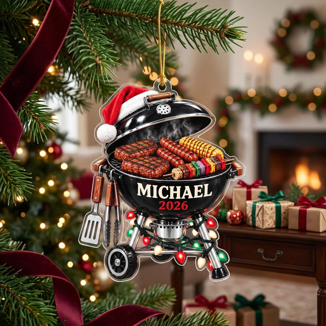 Personalized BBQ Christmas Ornament, Custom Name Grill Ornament, Grill Master Gift for Dad