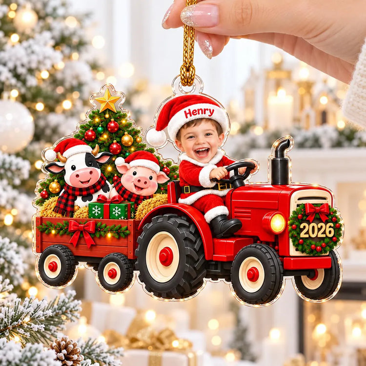 Personalized Tractor Christmas Ornament 2026, Custom Kid Photo Farm Tractor Ornament, Baby Boy Christmas Keepsake Gift for Grandson