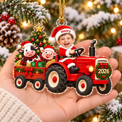 Personalized Tractor Christmas Ornament 2026, Custom Kid Photo Farm Tractor Ornament, Baby Boy Christmas Keepsake Gift for Grandson