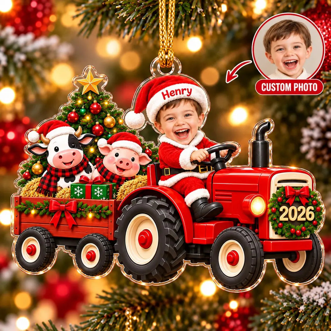 Personalized Tractor Christmas Ornament 2026, Custom Kid Photo Farm Tractor Ornament, Baby Boy Christmas Keepsake Gift for Grandson