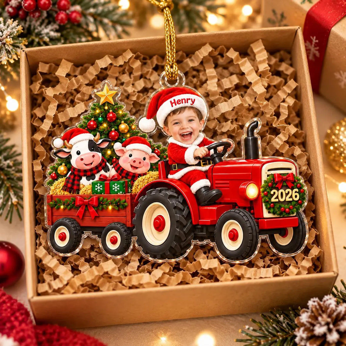 Personalized Tractor Christmas Ornament 2026, Custom Kid Photo Farm Tractor Ornament, Baby Boy Christmas Keepsake Gift for Grandson