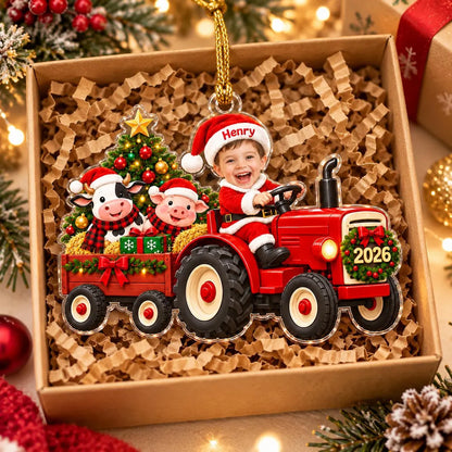 Personalized Tractor Christmas Ornament 2026, Custom Kid Photo Farm Tractor Ornament, Baby Boy Christmas Keepsake Gift for Grandson