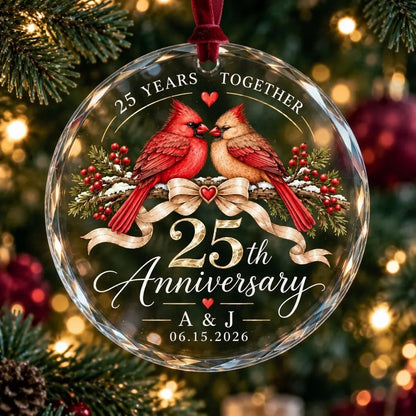Personalized 25th Anniversary Ornament, Cardinal Couple Glass Christmas Ornament, 25 Years Together Keepsake, Silver Wedding Anniversary Gift
