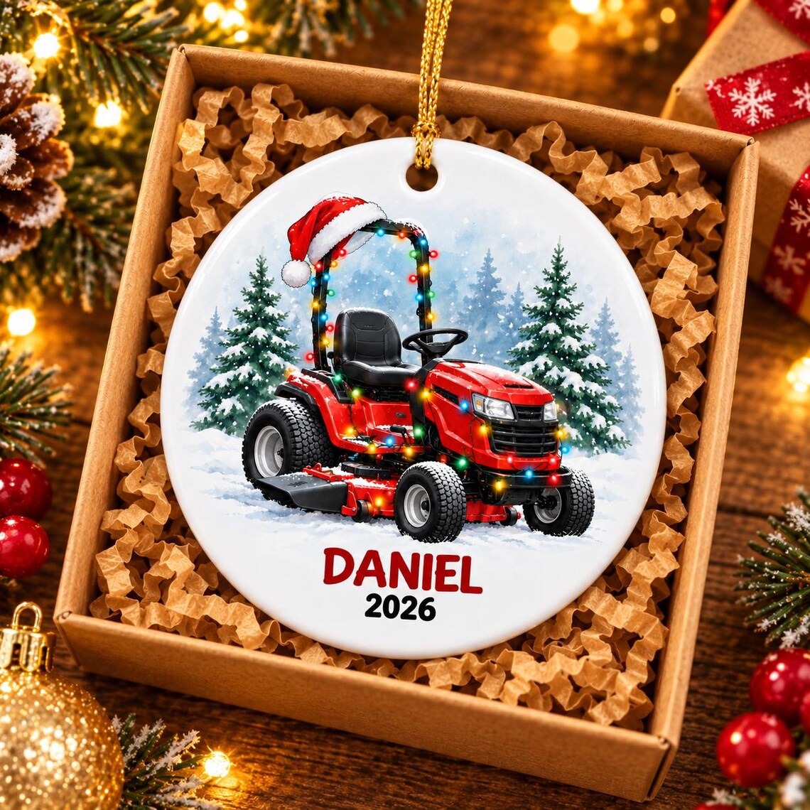 Personalized Riding Lawn Mower Ornament 2026, Custom Name Ceramic Christmas Ornament, Lawn Mower Lover Keepsake, Gift for Dad and Landscapers
