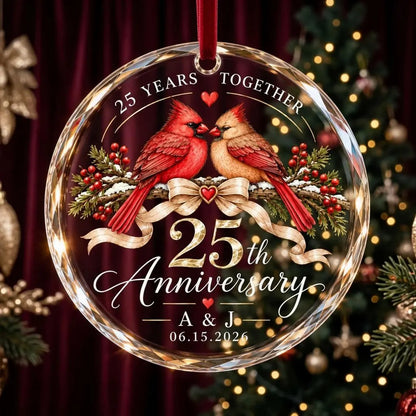 Personalized 25th Anniversary Ornament, Cardinal Couple Glass Christmas Ornament, 25 Years Together Keepsake, Silver Wedding Anniversary Gift