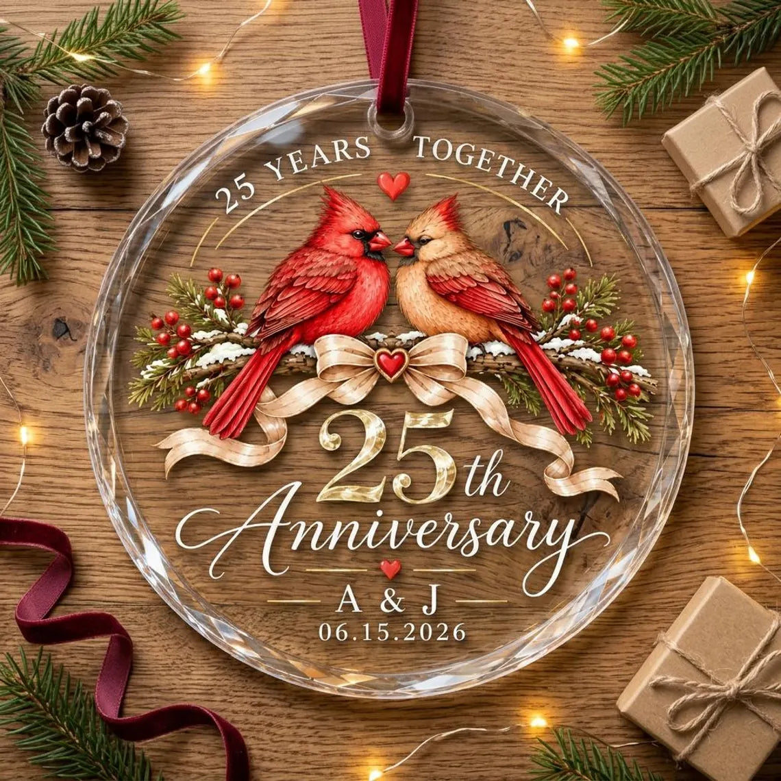 Personalized 25th Anniversary Ornament, Cardinal Couple Glass Christmas Ornament, 25 Years Together Keepsake, Silver Wedding Anniversary Gift