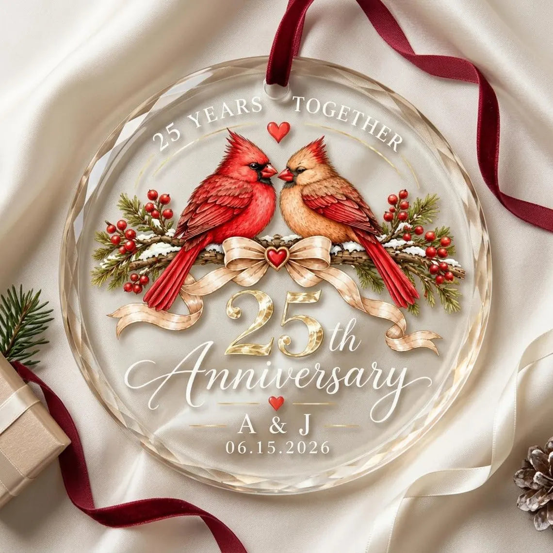 Personalized 25th Anniversary Ornament, Cardinal Couple Glass Christmas Ornament, 25 Years Together Keepsake, Silver Wedding Anniversary Gift