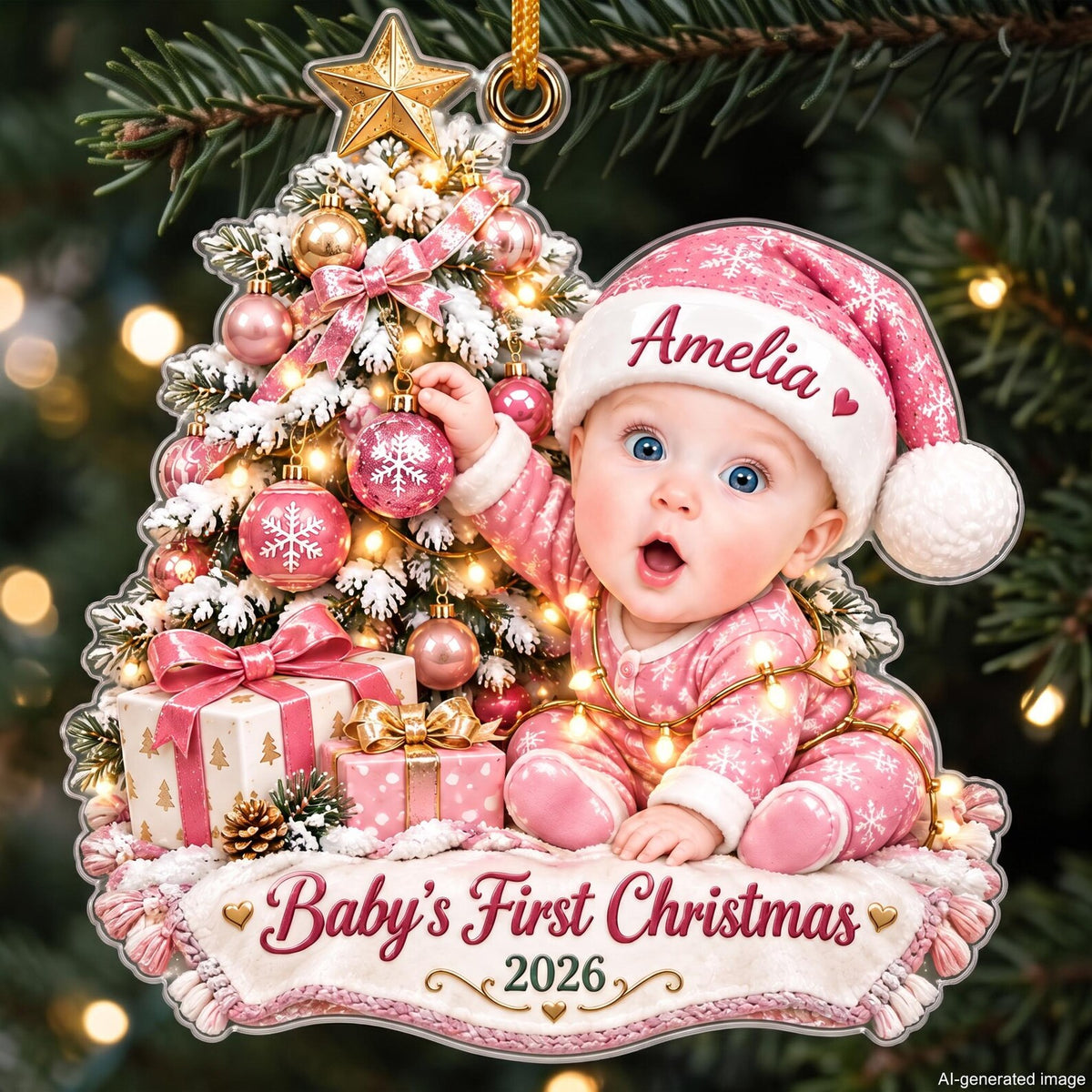 Personalized Baby's First Christmas Ornament 2026, Custom Baby Name Acrylic Ornament, Pink Christmas Tree Keepsake, New Baby Gift for Parents