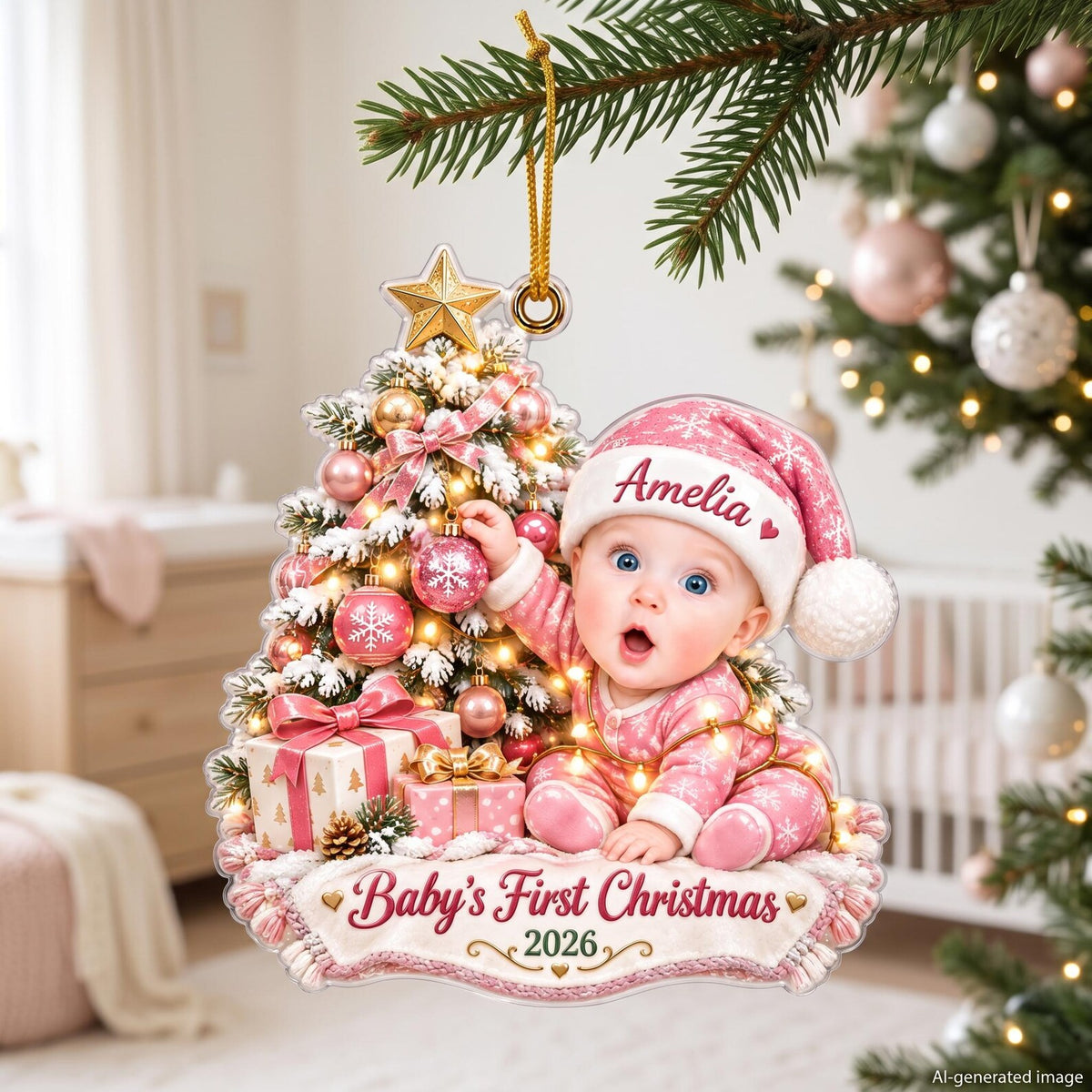Personalized Baby's First Christmas Ornament 2026, Custom Baby Name Acrylic Ornament, Pink Christmas Tree Keepsake, New Baby Gift for Parents