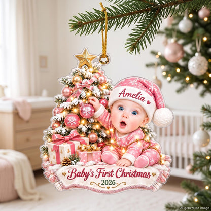 Personalized Baby's First Christmas Ornament 2026, Custom Baby Name Acrylic Ornament, Pink Christmas Tree Keepsake, New Baby Gift for Parents