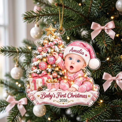Personalized Baby's First Christmas Ornament 2026, Custom Baby Name Acrylic Ornament, Pink Christmas Tree Keepsake, New Baby Gift for Parents
