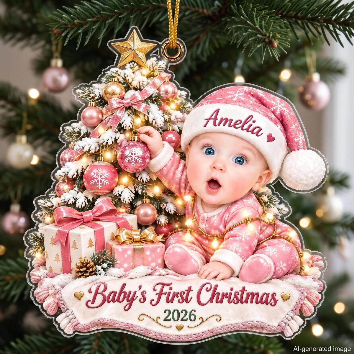 Personalized Baby's First Christmas Ornament 2026, Custom Baby Name Acrylic Ornament, Pink Christmas Tree Keepsake, New Baby Gift for Parents