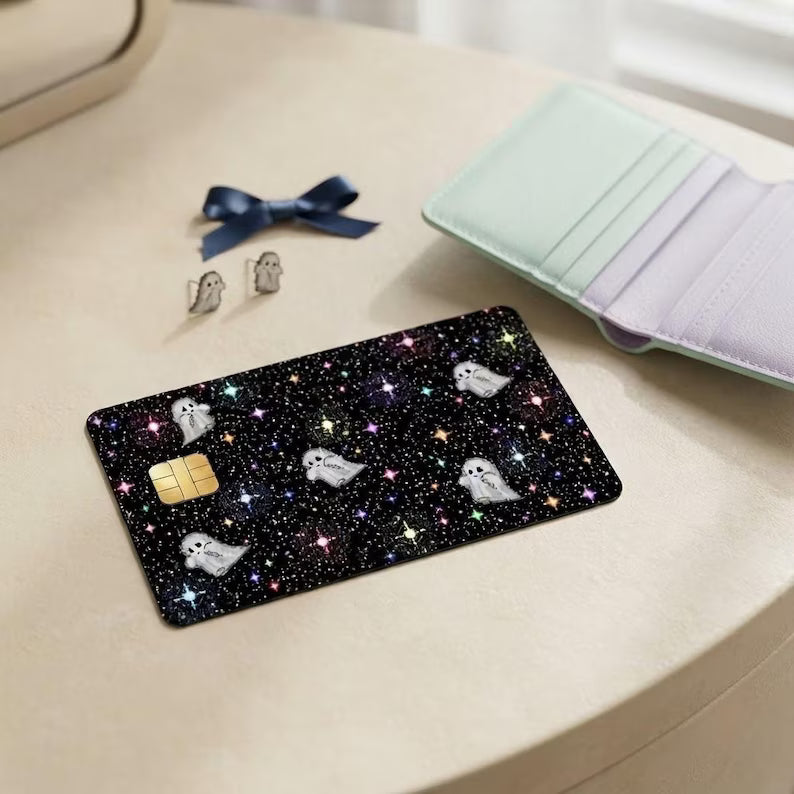 Pixel Ghost Card Skin, Cute Galaxy Stars Credit Card Sticker, Retro Space Debit Card Decal, Vinyl Bank Card Cover, Kawaii Ghost Gift