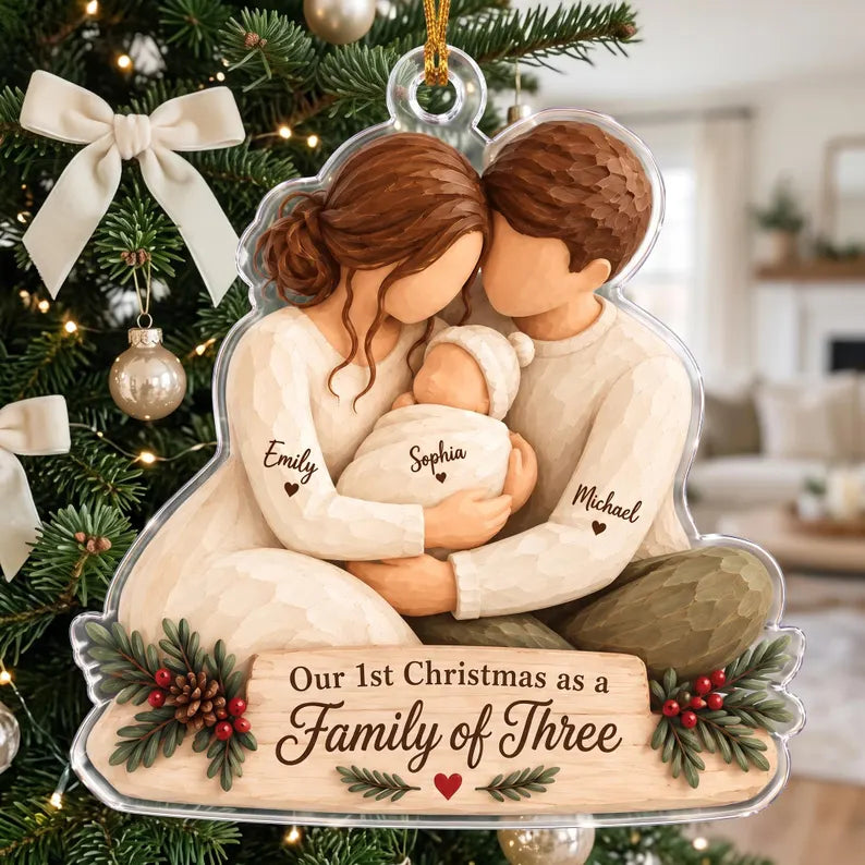 Personalized Family of Three Ornament, First Christmas as a Family of 3, Custom Names Ornament, New Baby Gift