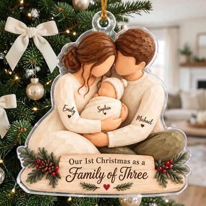 Personalized Family of Three Ornament, First Christmas as a Family of 3, Custom Names Ornament, New Baby Gift