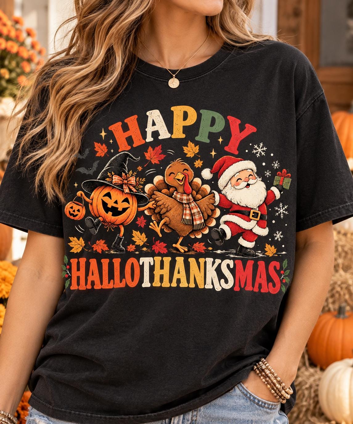 Happy Hallothanksmas Shirt, Halloween Thanksgiving Christmas Shirt, Funny Holiday Season Tee, Pumpkin Turkey Santa Sweatshirt