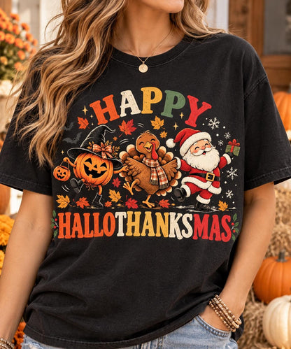 Happy Hallothanksmas Shirt, Halloween Thanksgiving Christmas Shirt, Funny Holiday Season Tee, Pumpkin Turkey Santa Sweatshirt