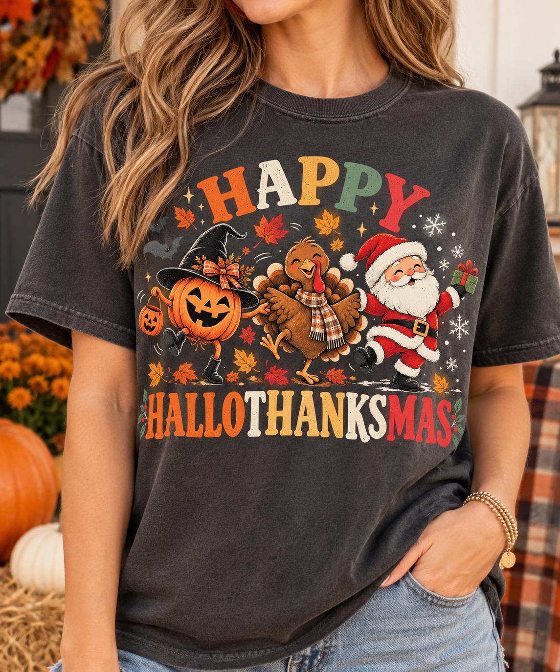 Happy Hallothanksmas Shirt, Halloween Thanksgiving Christmas Shirt, Funny Holiday Season Tee, Pumpkin Turkey Santa Sweatshirt