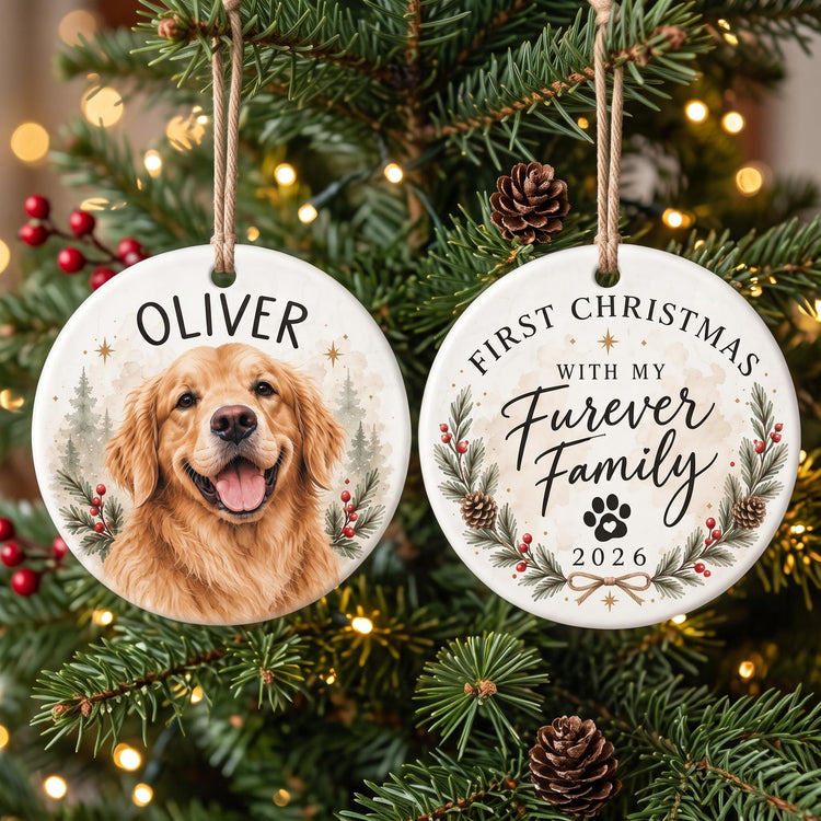 Personalized Dog First Christmas Ornament, Forever Family Adoption Gift, Custom Pet Portrait Ornament, Rescue Dog Christmas Gift 2026