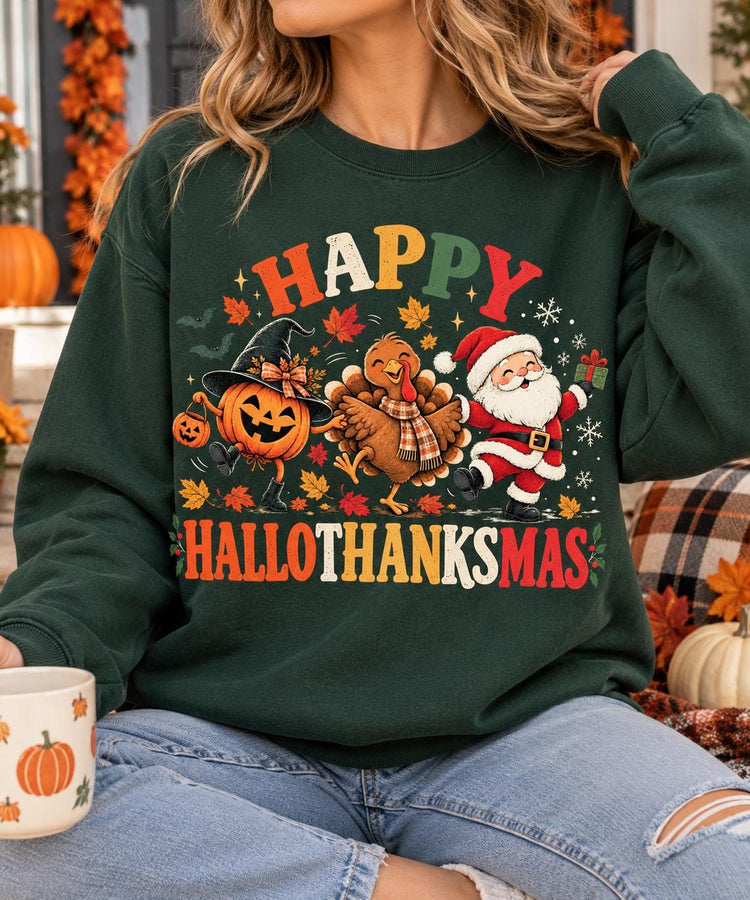Happy Hallothanksmas Shirt, Halloween Thanksgiving Christmas Shirt, Funny Holiday Season Tee, Pumpkin Turkey Santa Sweatshirt