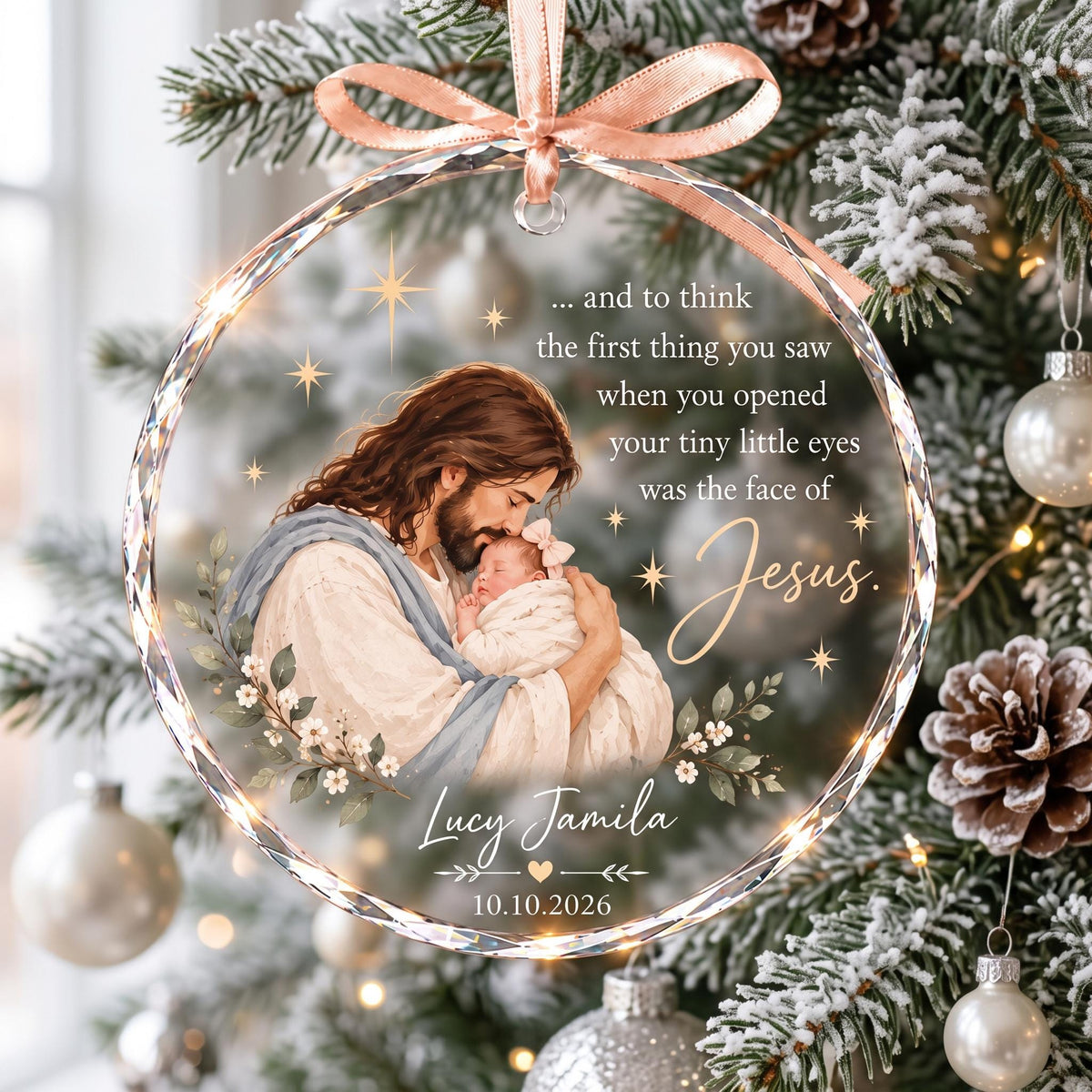 Personalized Jesus Holding Baby Ornament, Baby's First Christmas Gift, Christian Newborn Keepsake, Religious Clear Glass Christmas Ornament