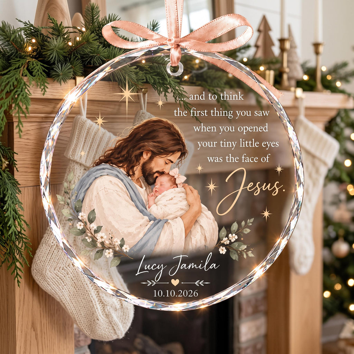 Personalized Jesus Holding Baby Ornament, Baby's First Christmas Gift, Christian Newborn Keepsake, Religious Clear Glass Christmas Ornament