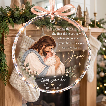 Personalized Jesus Holding Baby Ornament, Baby's First Christmas Gift, Christian Newborn Keepsake, Religious Clear Glass Christmas Ornament