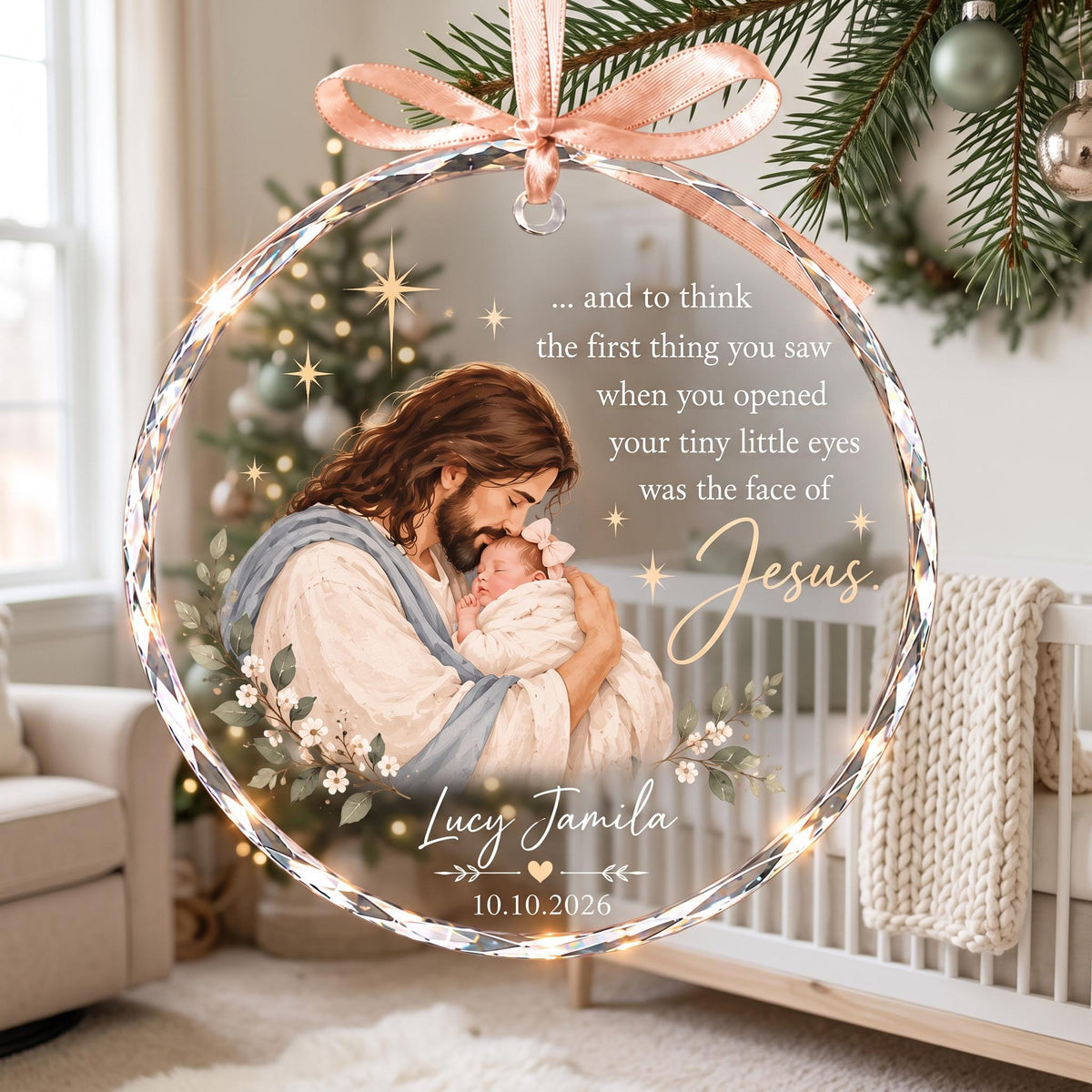 Personalized Jesus Holding Baby Ornament, Baby's First Christmas Gift, Christian Newborn Keepsake, Religious Clear Glass Christmas Ornament