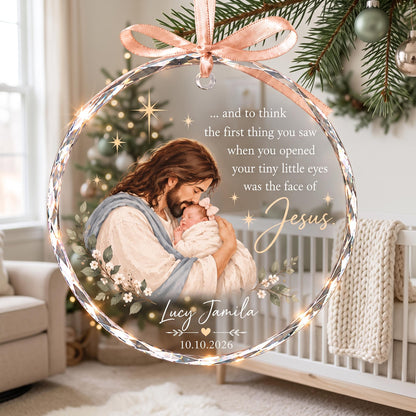 Personalized Jesus Holding Baby Ornament, Baby's First Christmas Gift, Christian Newborn Keepsake, Religious Clear Glass Christmas Ornament
